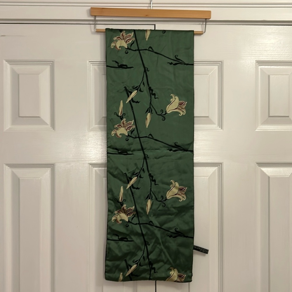 Silk Velvet Orchid Print Scarf Green Red Black Reversible